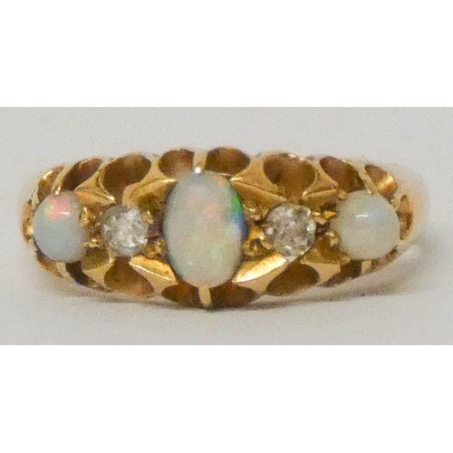 630 - Victorian 18ct gold opal and diamond half hoop ring. Size O