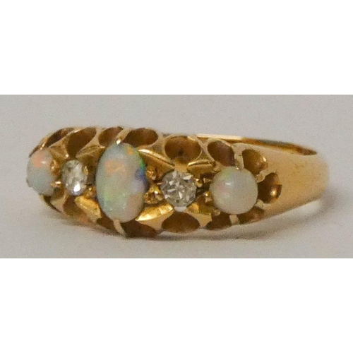 630 - Victorian 18ct gold opal and diamond half hoop ring. Size O