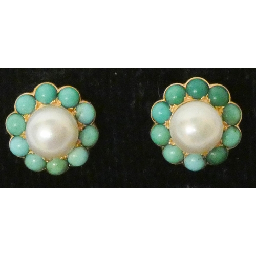 653 - A pair of turquoise and pearl circular cluster ear studs, unmarked yellow metal. Butterfly stamped 7... 