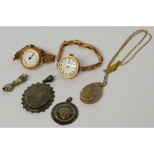 685 - Two gold cased ladies vintage watches, oval gold front and back locket and assorted silver jewellery