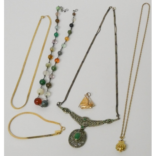 686 - Silver, marcasite and malachite necklace, agate beads and gold plated neck chains etc