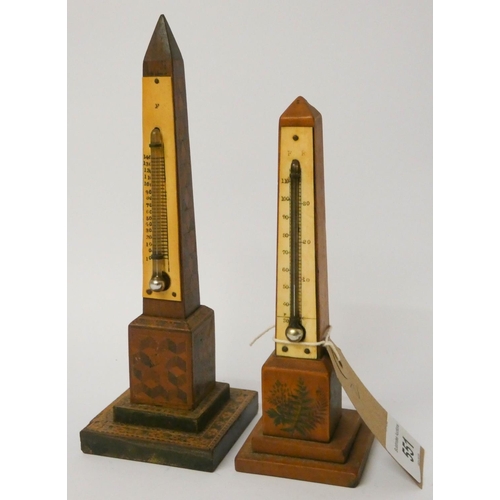 551 - Small Tunbridge Ware obelisk shape thermometer and one other with painted decoration