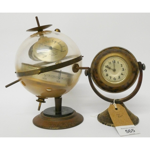 565 - An unusual ball shaped desk barometer and a small tortoiseshell mantle clock