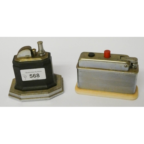 568 - An old Ronson table lighter and a Barclay push button table lighter