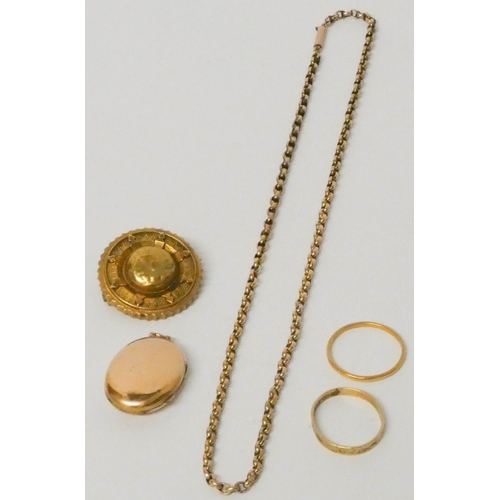 592 - 9ct gold belcher link chain, Victorian target brooch, a gilt locket and two 9ct wedding bands, total... 