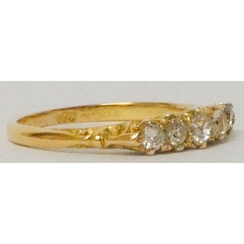 595 - Victorian 18ct gold five stone diamond ring on carved setting, ring size R