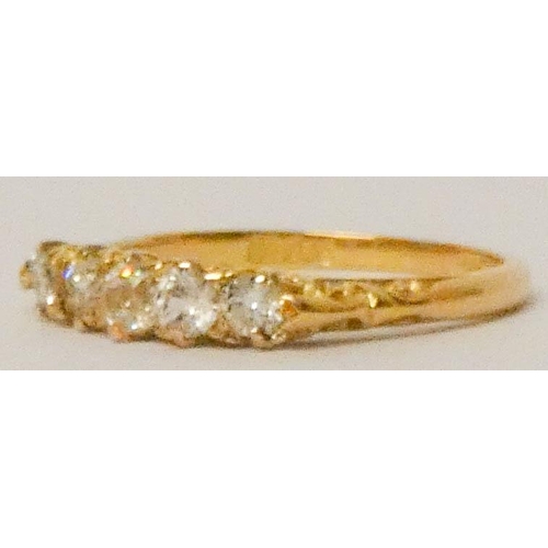 595 - Victorian 18ct gold five stone diamond ring on carved setting, ring size R