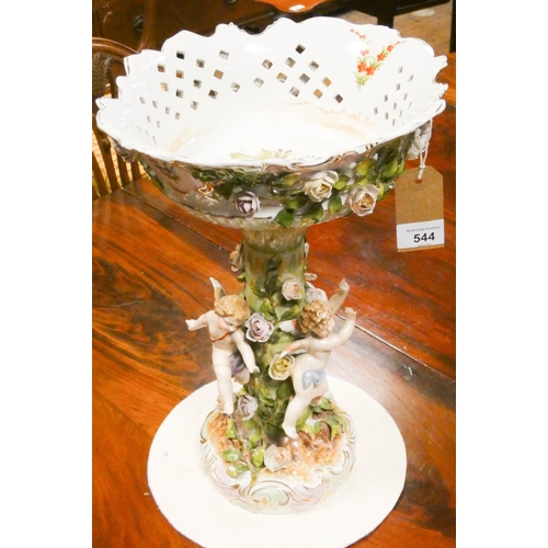 544 - A large Meissen style cherub and floral decorated table centre comport - as found, 16