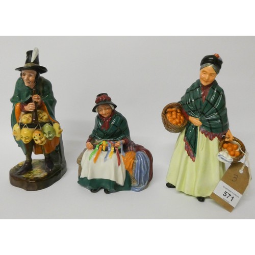 571 - Royal Doulton figure 'The Orange Lady', another 'The Mask Seller' and another 'Silks and Ribbons'