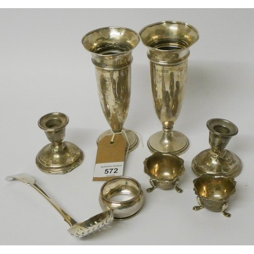 572 - Pair of silver vases, pair of candlesticks, sifting spoon, salt cellar etc