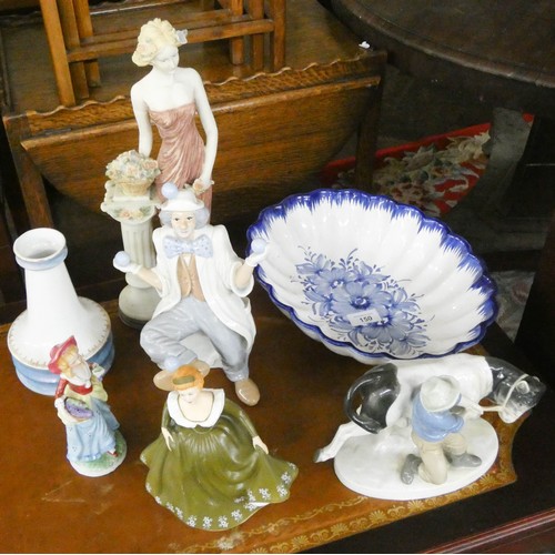 219 - Doulton and other figure ornaments, blue and white dish etc