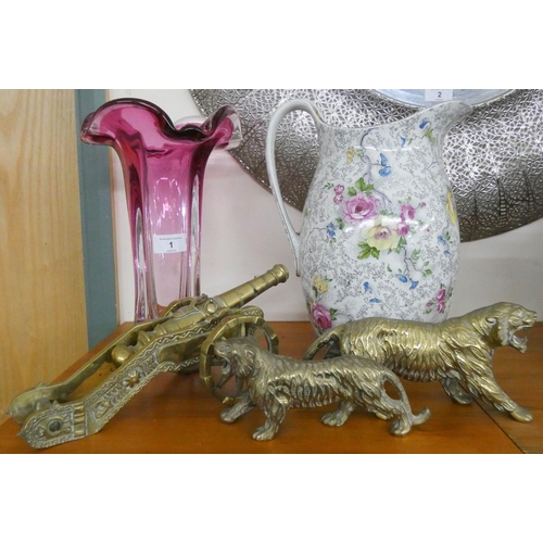 1 - A pair of brass tiger ornaments, miniature brass cannon, Murano glass vase and a floral decorated to... 