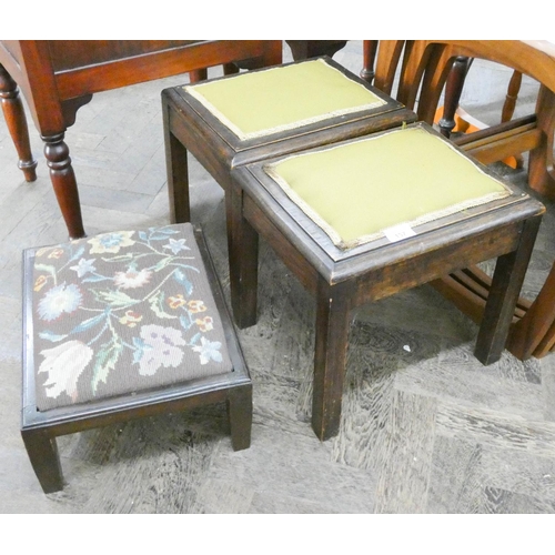 137 - A pair of small oak framed stools and a tapestry upholstered footstool