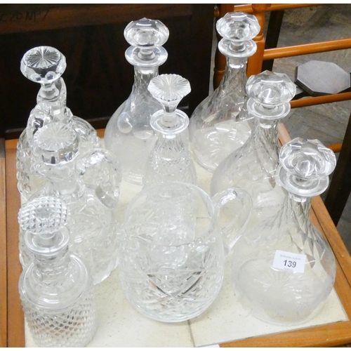 139 - Six various glass decanters, two glass claret jugs, water jug and decanter stoppers