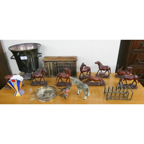 16 - A collection of miniature wooden horses, plated ice bucket, set of small Shakespeare books, Beswick ... 