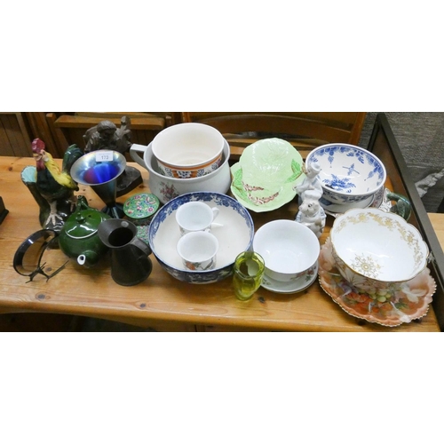 173 - Various fruit bowls, cockerel vase, carved wood figure and various other sundry china etc