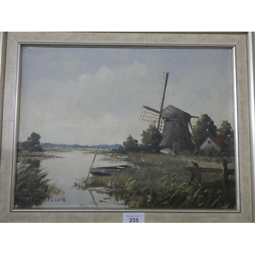 235 - A Dutch oil painting of river and windmill scene signed W Frauenfelder