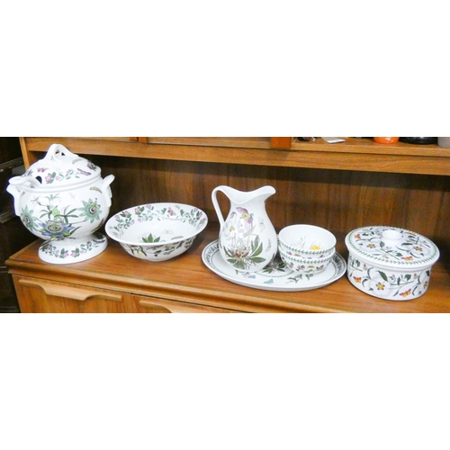 27 - Portmeirion Botanic garden terrine with cover and ladle, matching jug and bowl, meat plates, bowls e... 