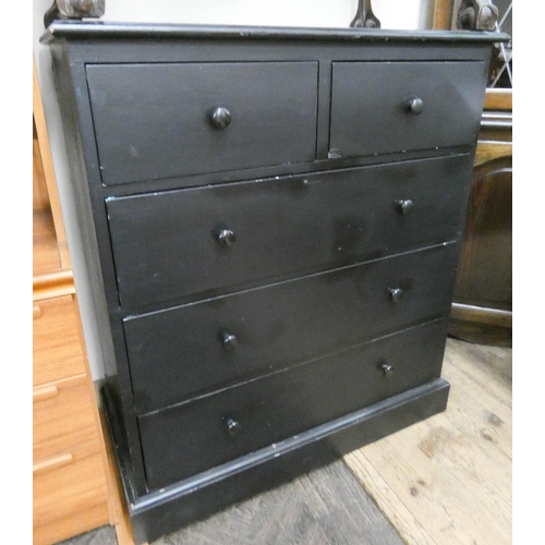 28 - A black painted pine chest of three long and two short drawers, 34