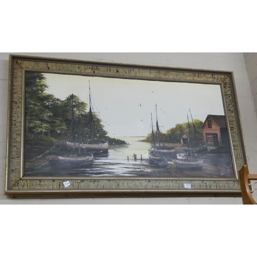 36 - Large framed picture of tigers and another of boats on river scene, signed Kevin Platt