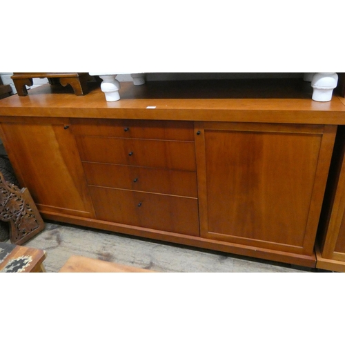 39 - A cherry wood finished sideboard fitted cupboards and centre drawers and a matching glazed bookcase ... 