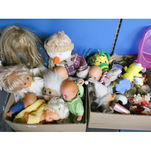 446 - Five boxes of old toys, dolls, cuddly toys, beanie dolls etc