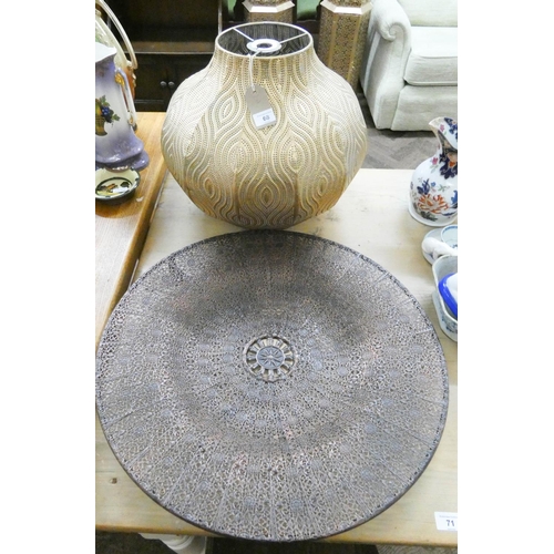 68 - A Moroccan style pierced brass effect lampshade and a similar copper covered dish