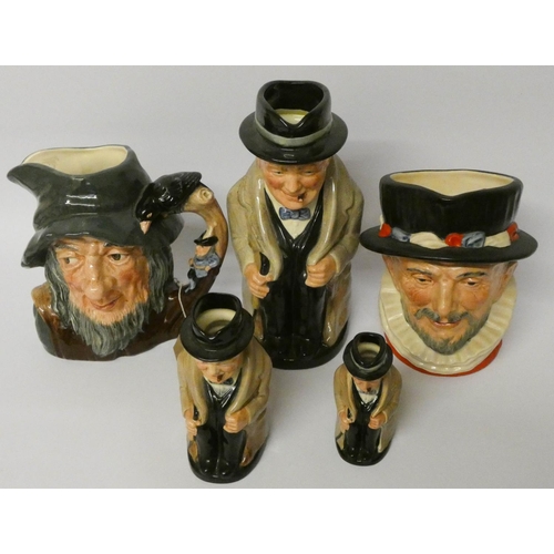 73 - Three Royal Doulton Winston Churchill mask jugs, Beefeater and Rip Van Winkle