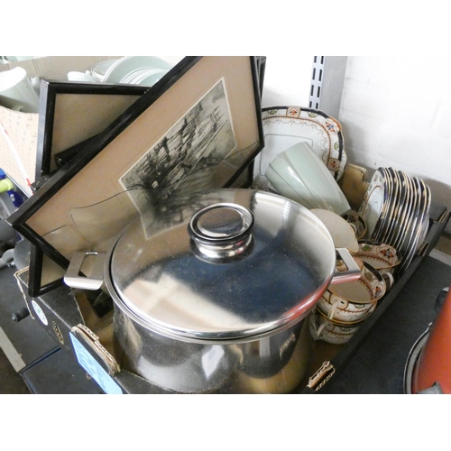 450 - Large box containing part dinner services, saucepan with lid, pictures etc