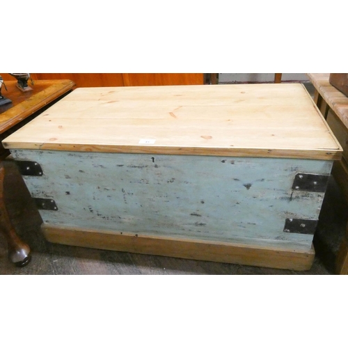 45 - A blue painted and stripped pine blanket chest, 3' wide