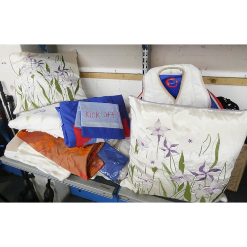 451 - Quantity of curtains, bedding, cushions, taekwondo body protector, pads etc