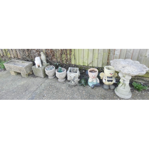 459 - Concrete garden birdbath, assorted garden animal ornaments and figure ornaments and a concrete troug... 