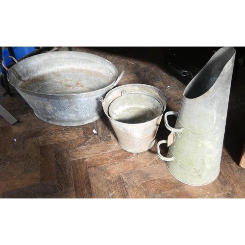 460 - Two galvanized buckets, galvanized two handled planter and a two handled galvanized coal chute