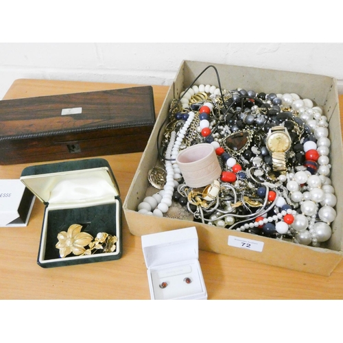 72 - Assorted costume jewellery, watches, rosewood box etc