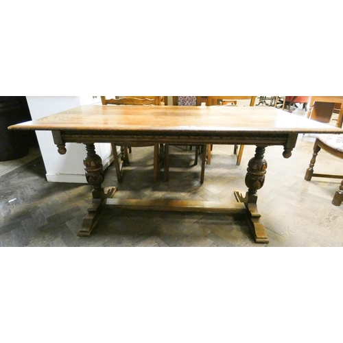 232 - Reproduction oak refectory style dining table, 5' x 2'6, together with a set of four ladder back din... 