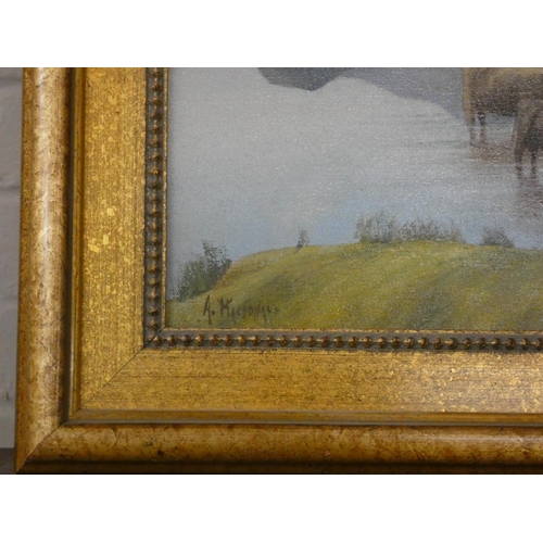 193 - An oil painting of cattle in highland scene in a gilt frame, signed A McDonald