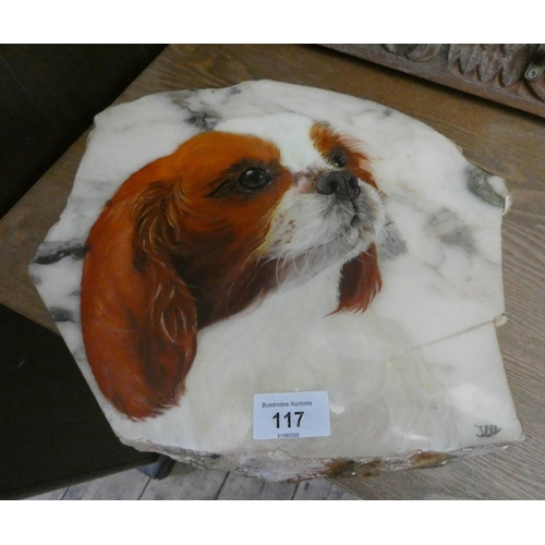 31 - A shaped marble chopping board decorated with a King Charles Spaniel dog