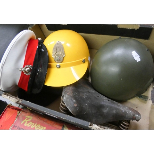 318 - 1987 British Army helmet, old bike saddle, Royal Marines dress hat, 1957 yellow Harley Davison helme... 