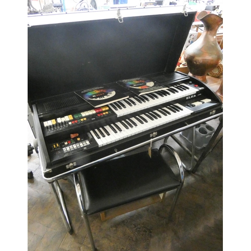 386 - Large old professional Elka electric keyboard with stool and other accessories