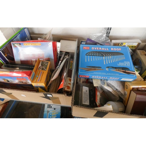 397 - Two large boxes of model cars, flat pack, Hornby and other train model and accessories