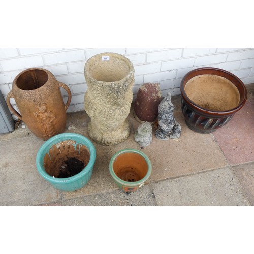 408 - A clay garden pot, a concrete garden pot, three ceramic  pots and three concrete garden ornaments