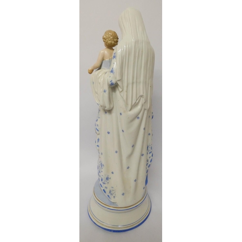 120 - A large late 19th century continental porcelain figure of Madonna and child, standing 52cms tall