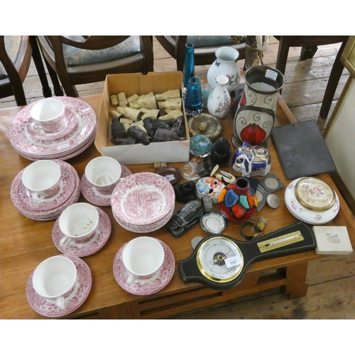 107 - A pink patterned china tea set, chess pieces, glass ware, barometer, vases, Poole Pottery vase, coin... 