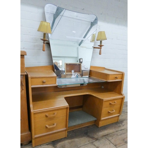 12 - GPlan light oak dressing table fitted drawers with shaped mirror, 4' wide