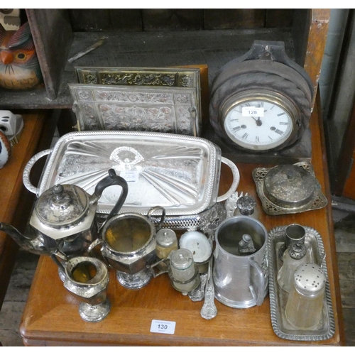 128 - A quantity of assorted plated items, nautical style oak cased clock etc