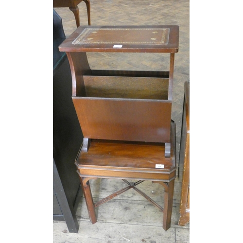 134 - A square mahogany coffee table and a table top magazine rack