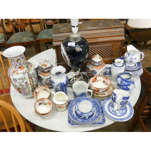 67 - Various blue and white china oriental jars, vase, table lamp etc