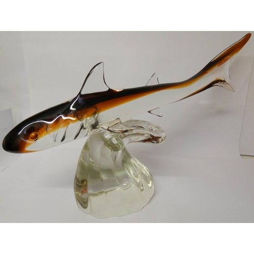 500 - A Murano glass large figure of a shark on a base with original receipts from Murano dated 1991, 29