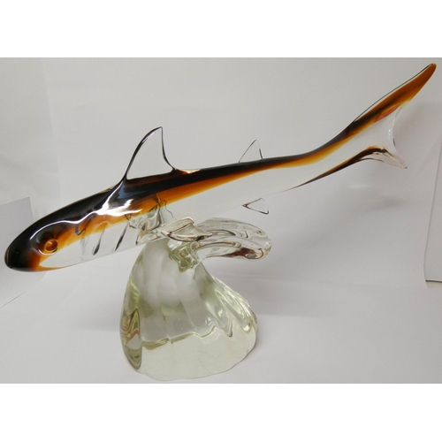 500 - A Murano glass large figure of a shark on a base with original receipts from Murano dated 1991, 29