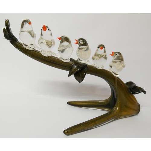 501 - A Murano glass group of finches on branch, approximately 18